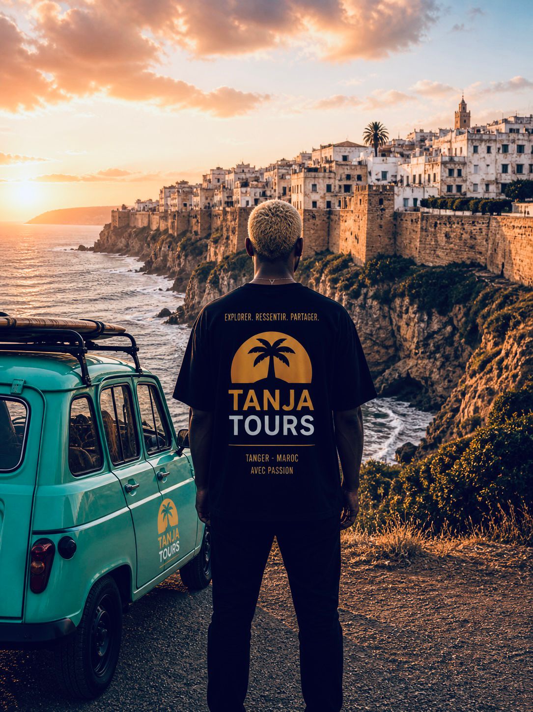 Vue sur les falaises blanches d'Asilah au coucher du soleil, t-shirt Tanja Tours