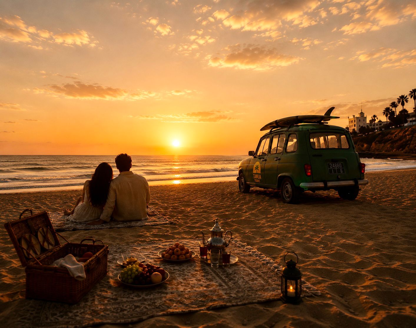 Couple regardant le coucher de soleil sur la plage avec la R4 et picnic — Pack Romance