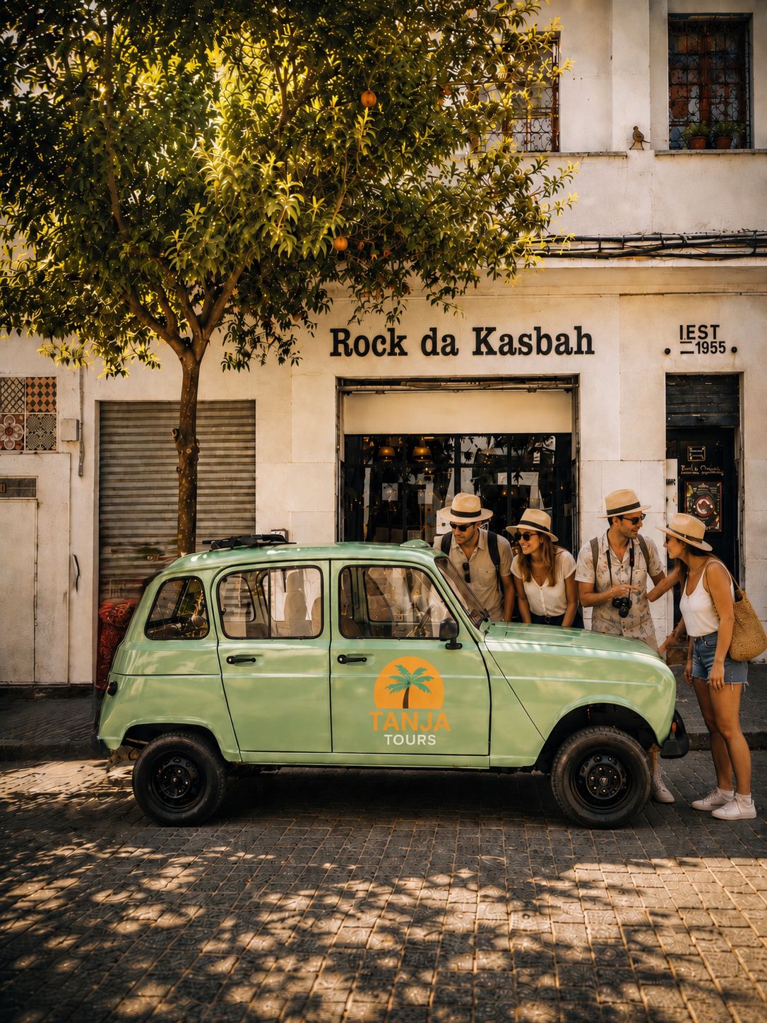 R4 verte Tanja Tours devant Rock da Casbah à Tanger avec un groupe de voyageurs